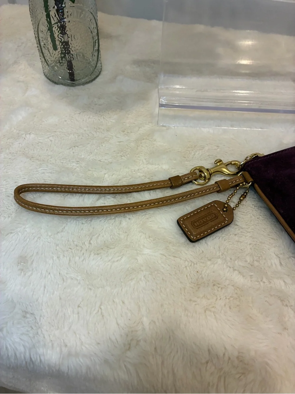 Coach Purple Suede Wristlet Clutch Brown Leather Trim Brass Grommet Y2K Vintage